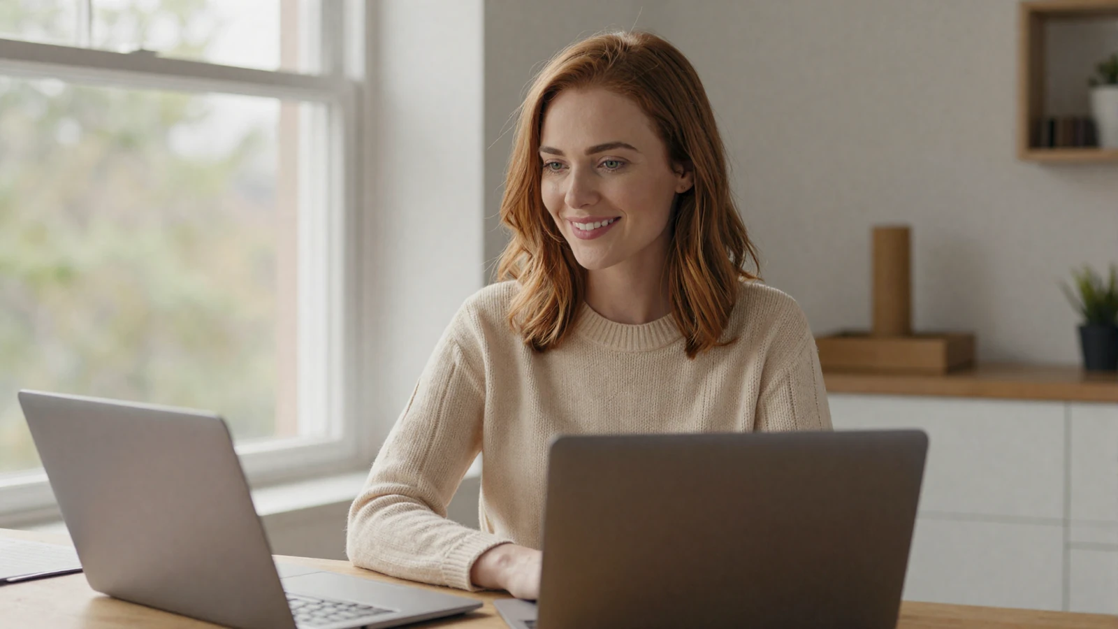 Reassured woman smiling at her laptop while browsing military dating sites safely from home