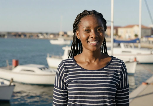 Woman on a marina waterfront with a soft naval backdrop on our navy dating site