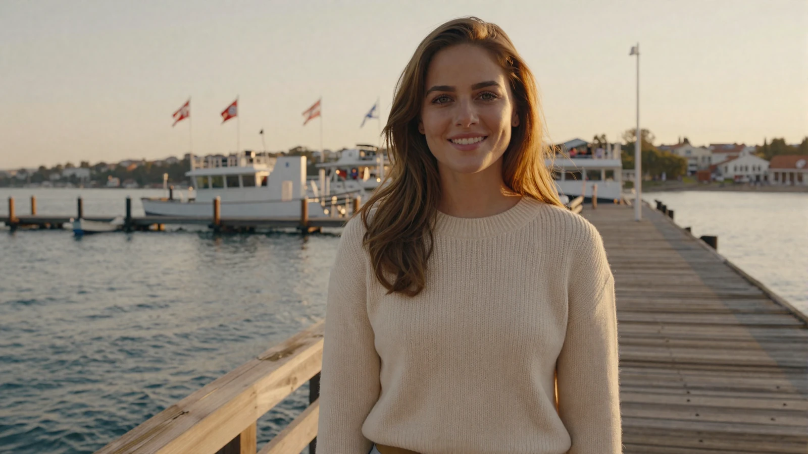 Woman on a waterfront pier at sunset with a soft naval backdrop on the HonorElite navy dating site
