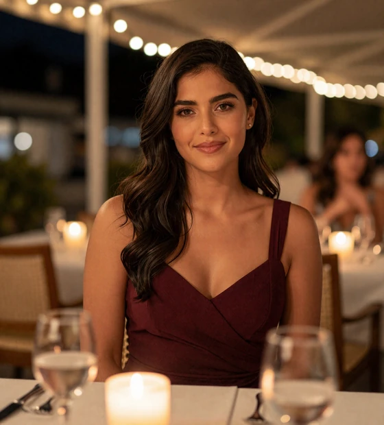Latina woman smiling on a restaurant terrace, a verified member of our men in uniform dating site